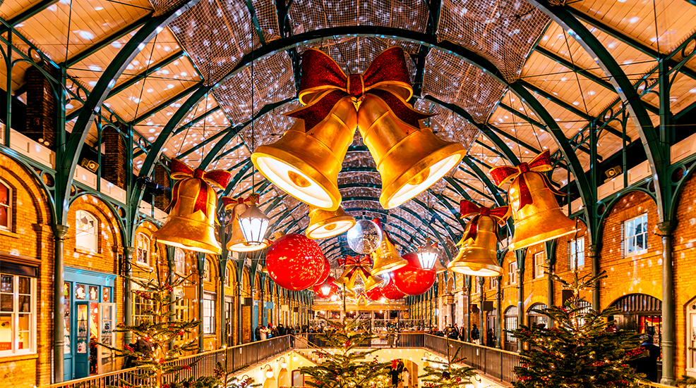 Bells and bauble Christmas decorations at Covent Garden Market in London